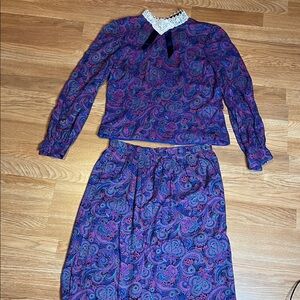 Vintage Long Sleeve Paisley blouse & Skirt in Purple and Blue color